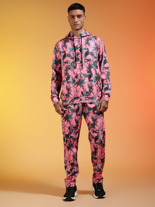 Go Devil Men’s Pink Abstract Printed Hooded Co-Ord Set