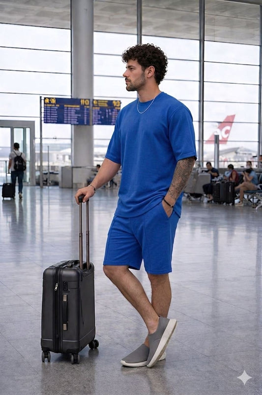 Go Devil Blue Textured T-Shirt With Short Co-Ord Set For Men