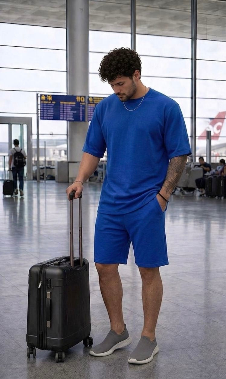 Go Devil Blue Textured T-Shirt With Short Co-Ord Set For Men
