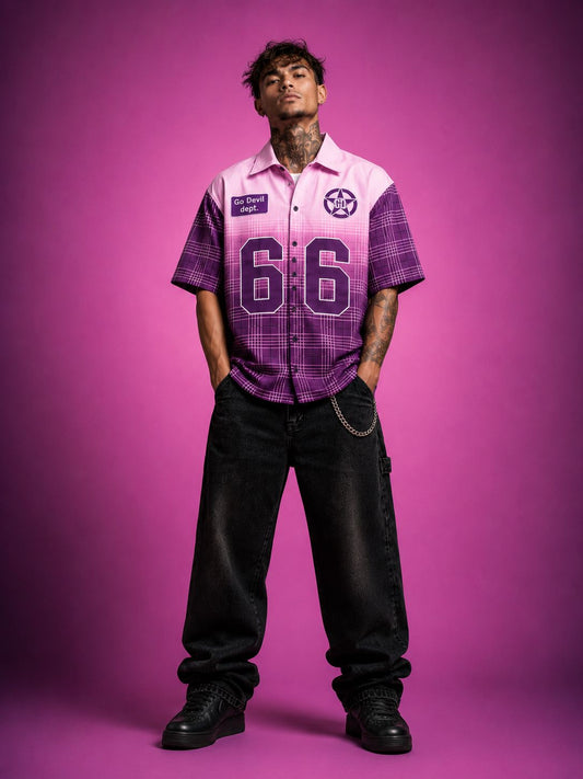 Go Devil Purple Dept. 66 Graphic Checked Zip Oversized Half Sleeve Shirt For Men