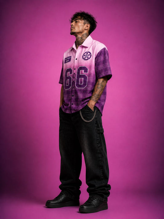 Go Devil Purple Dept. 66 Graphic Checked Zip Oversized Half Sleeve Shirt For Men