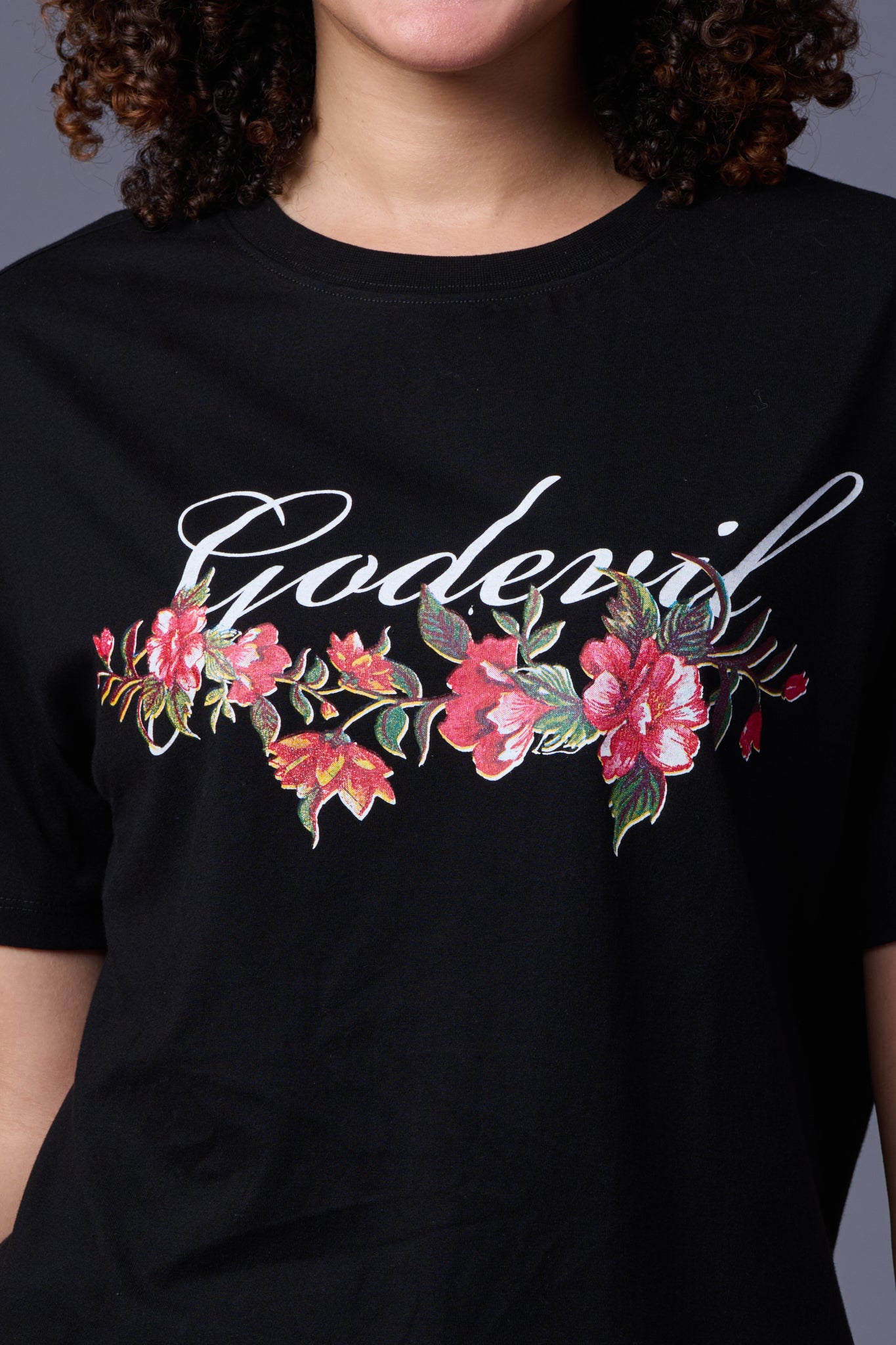 Flower Printed Black Oversized T-Shirt for Women