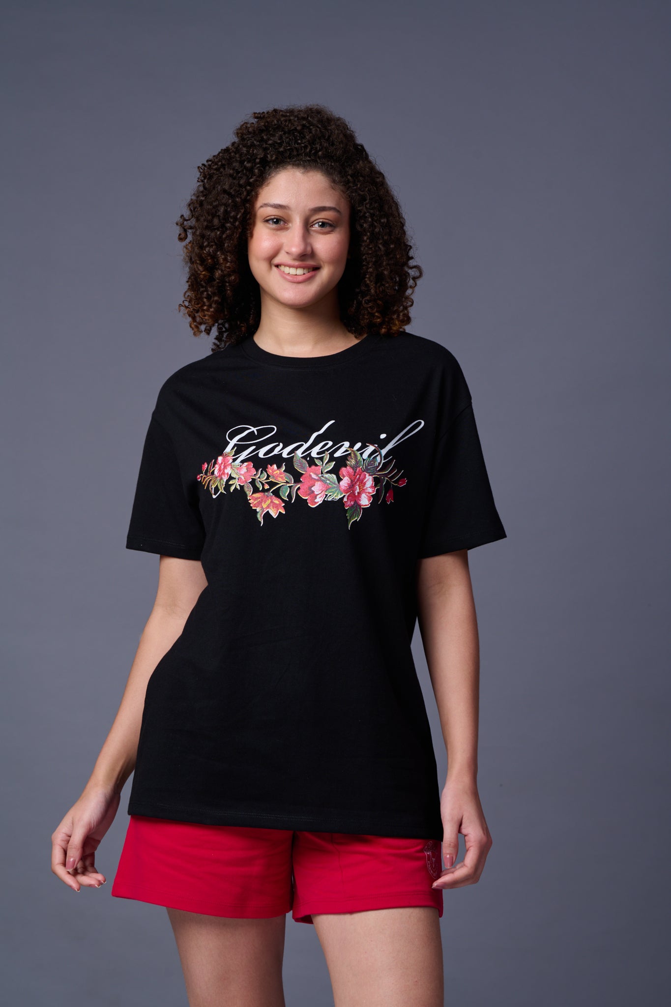 Flower Printed Black Oversized T-Shirt for Women