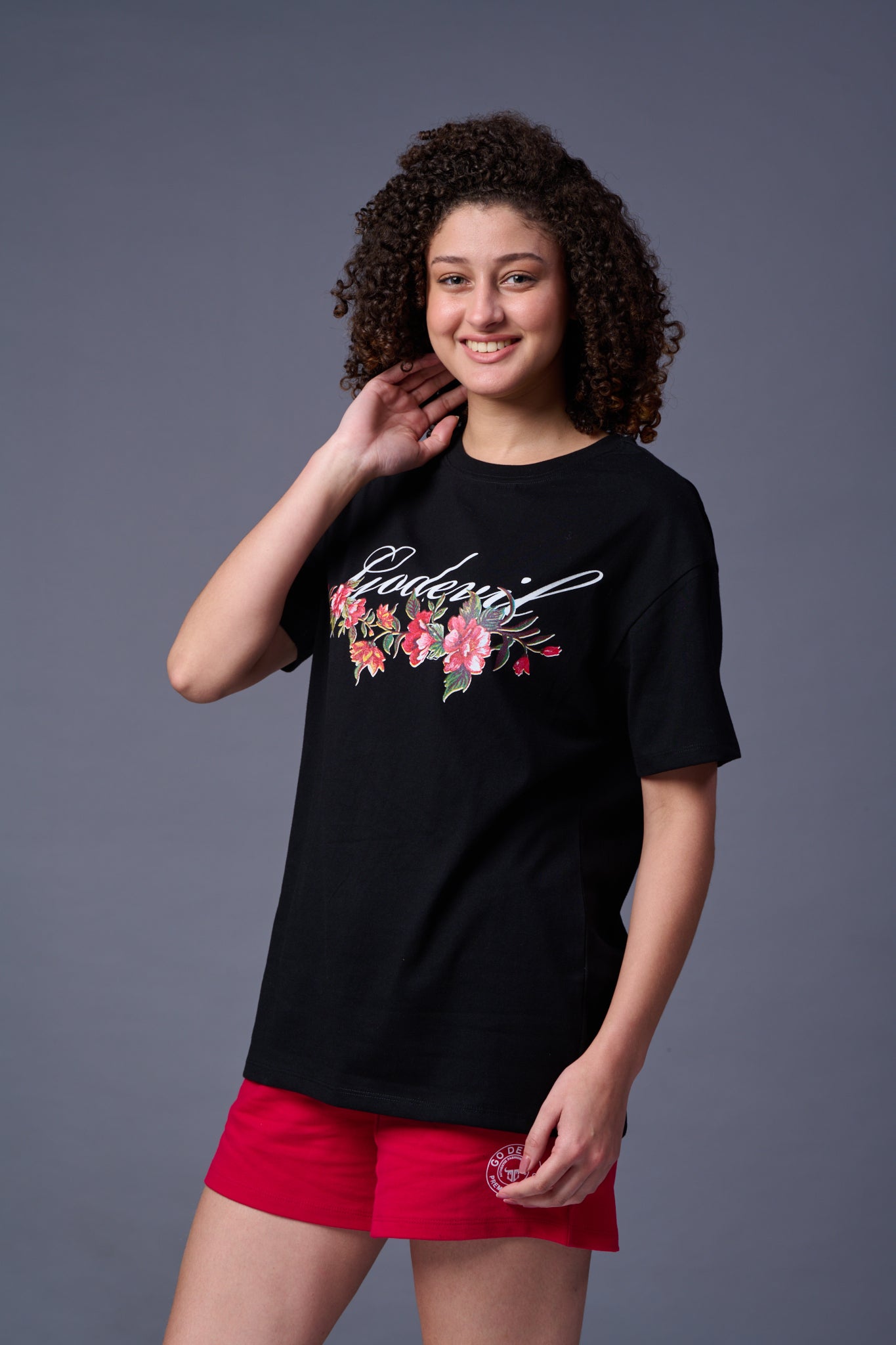 Flower Printed Black Oversized T-Shirt for Women