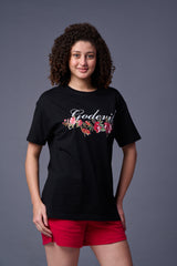 Flower Printed Black Oversized T-Shirt for Women