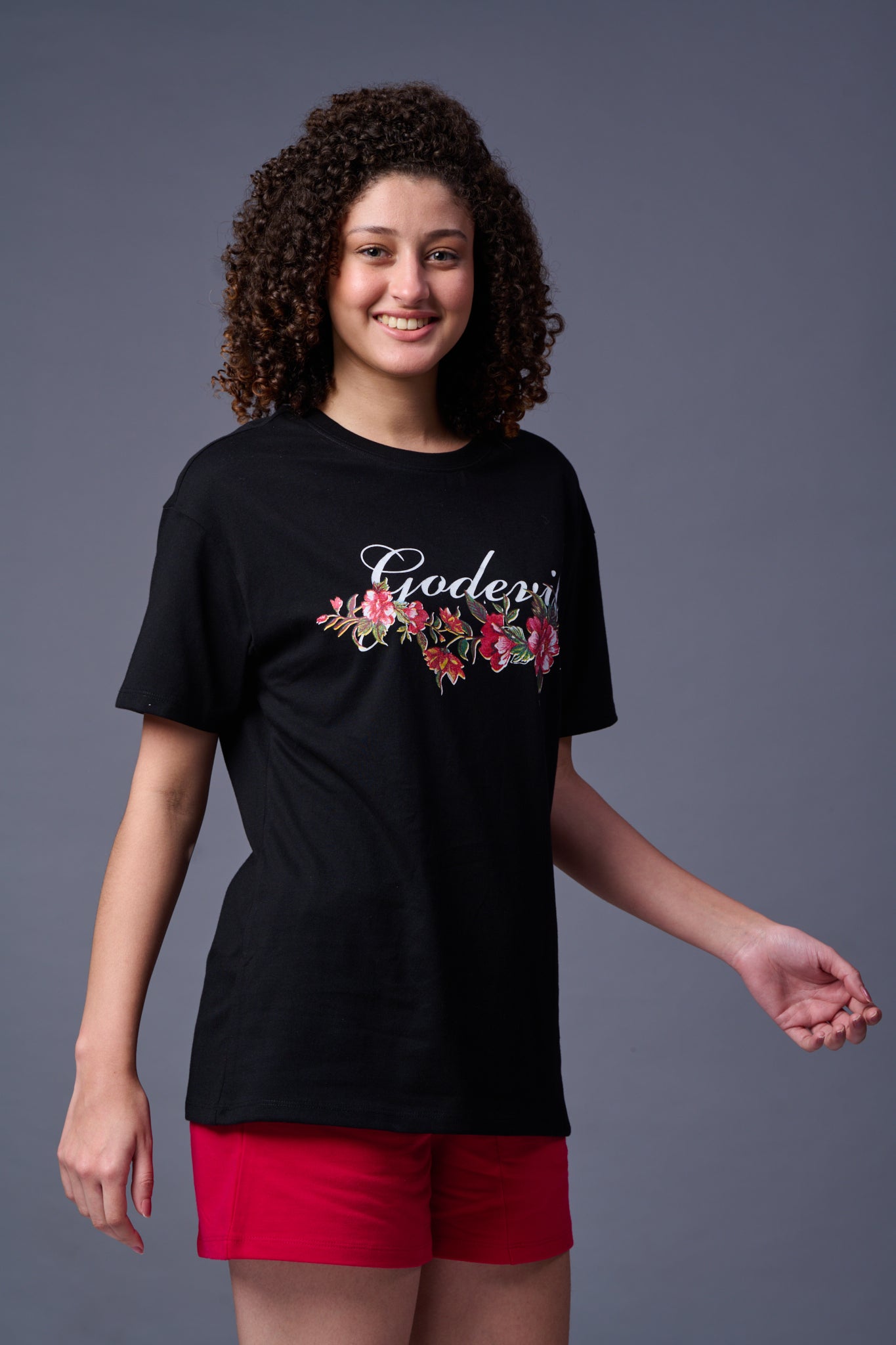 Flower Printed Black Oversized T-Shirt for Women