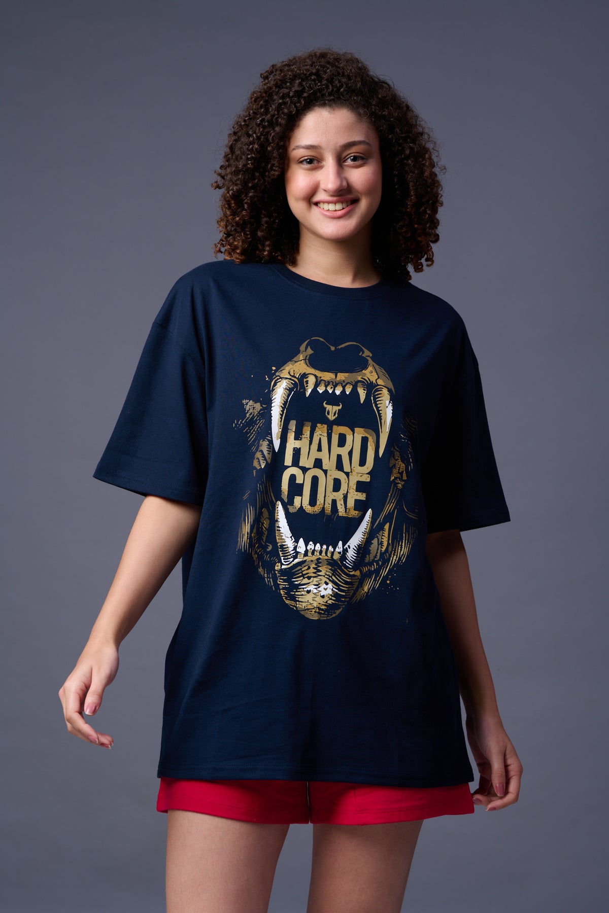 Hard Core Printed Navy Blue Oversized T-Shirt for Women