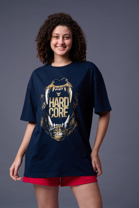 Hard Core Printed Navy Blue Oversized T-Shirt for Women