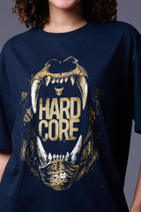 Hard Core Printed Navy Blue Oversized T-Shirt for Women