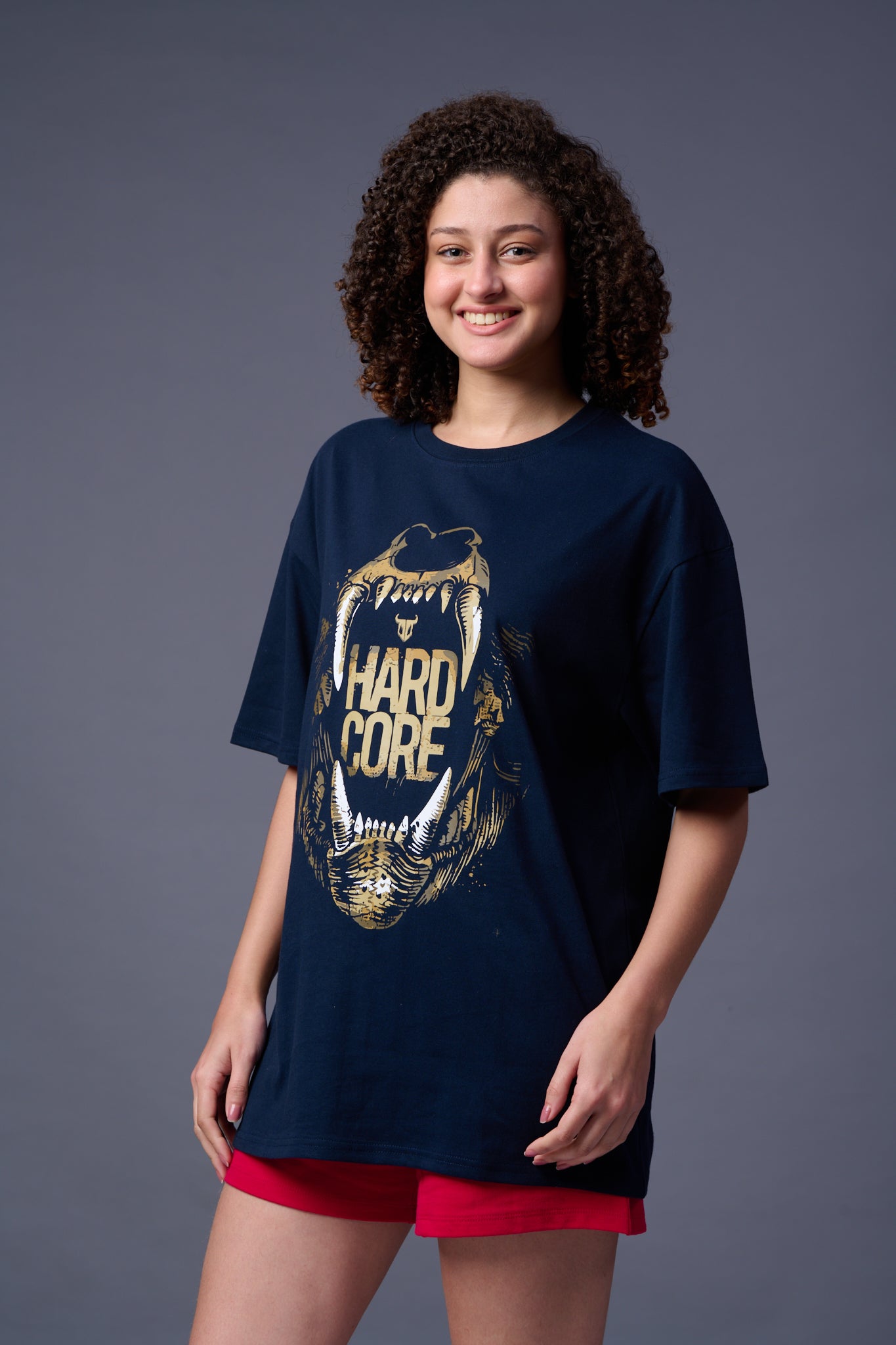 Hard Core Printed Navy Blue Oversized T-Shirt for Women