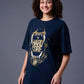 Hard Core Printed Navy Blue Oversized T-Shirt for Women