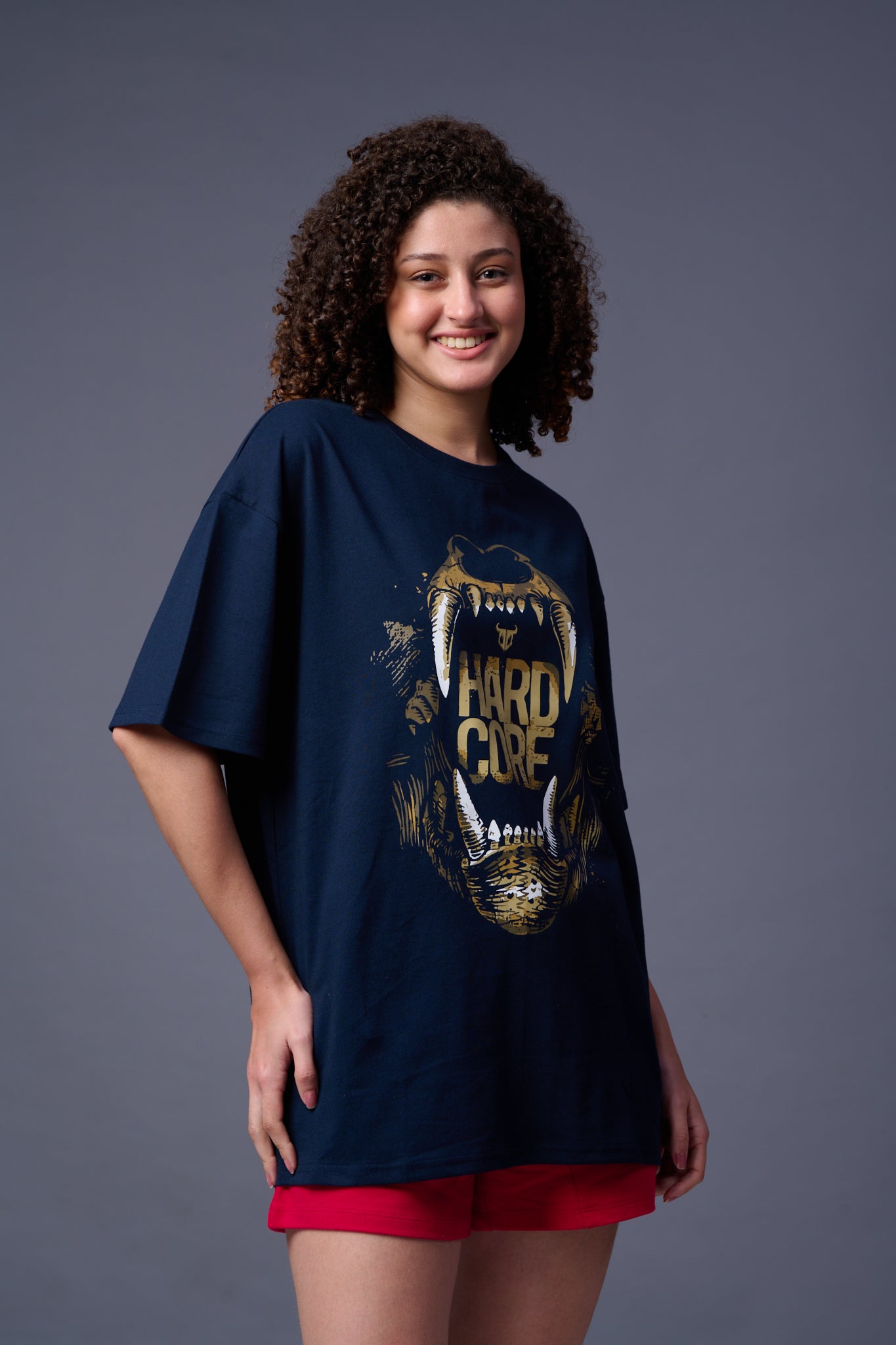 Hard Core Printed Navy Blue Oversized T-Shirt for Women