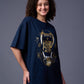 Hard Core Printed Navy Blue Oversized T-Shirt for Women