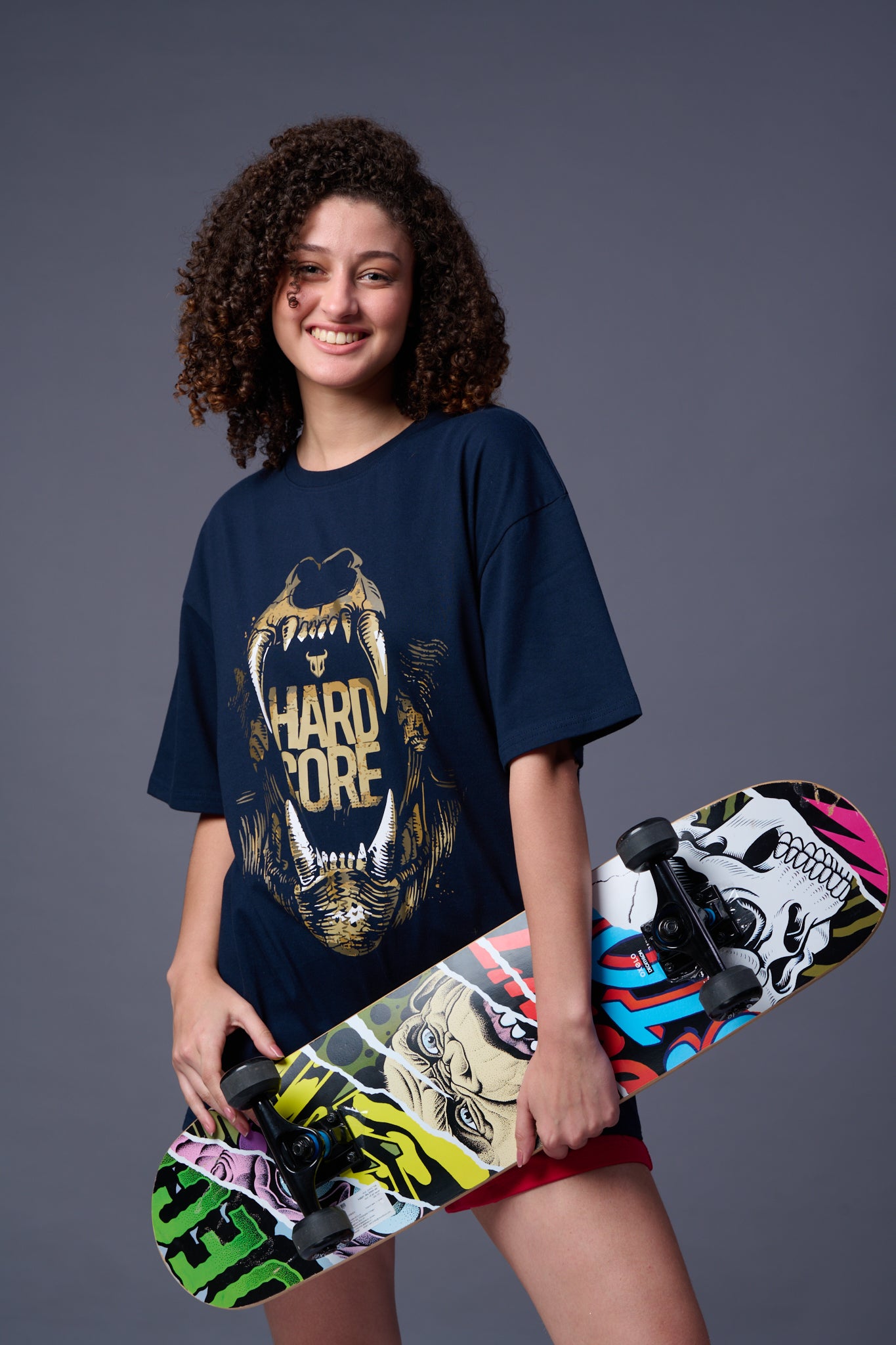 Hard Core Printed Navy Blue Oversized T-Shirt for Women