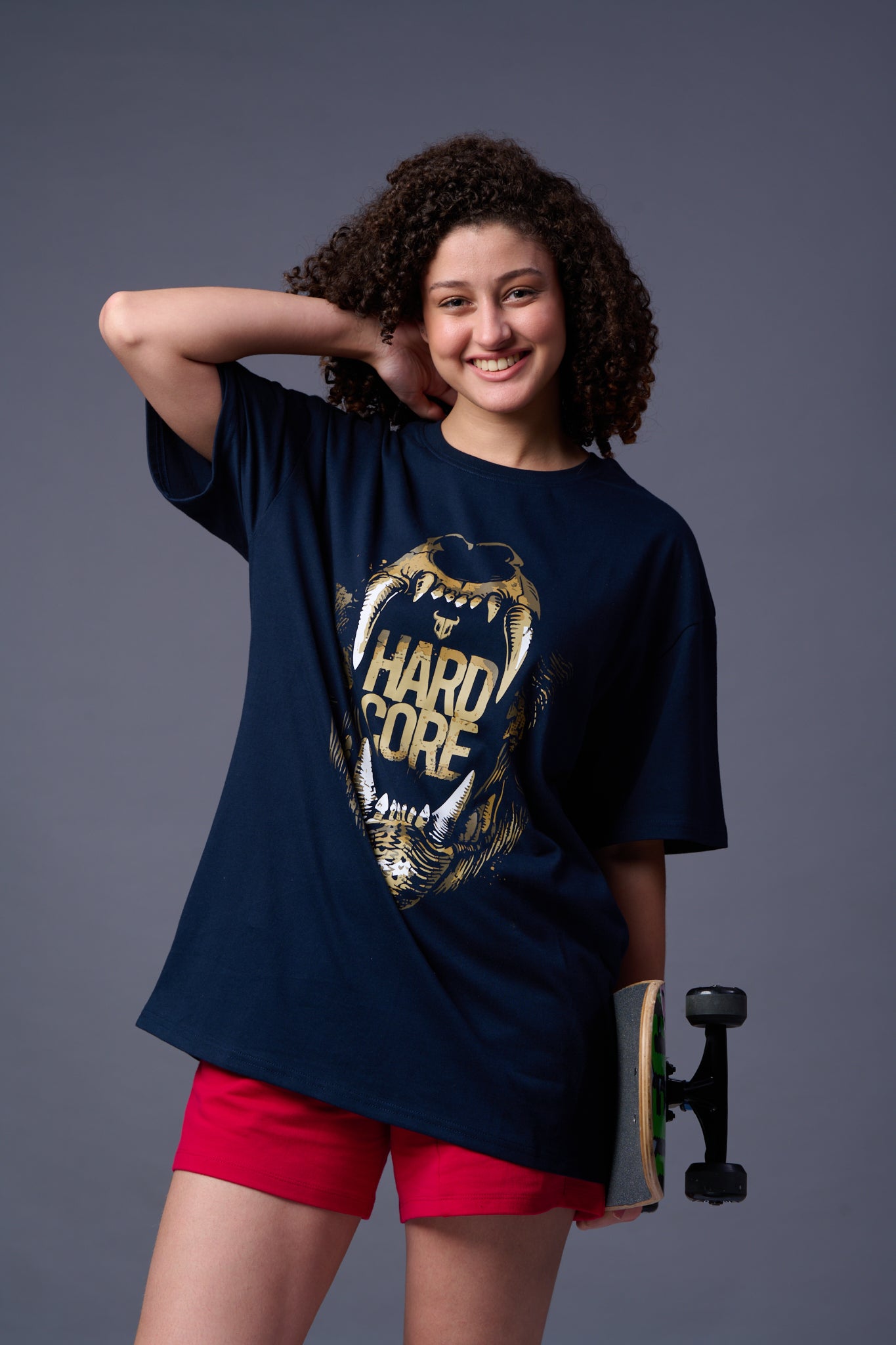 Hard Core Printed Navy Blue Oversized T-Shirt for Women