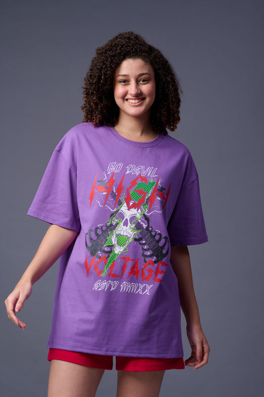 High Voltage Printed Purple Oversized T-Shirt for Women