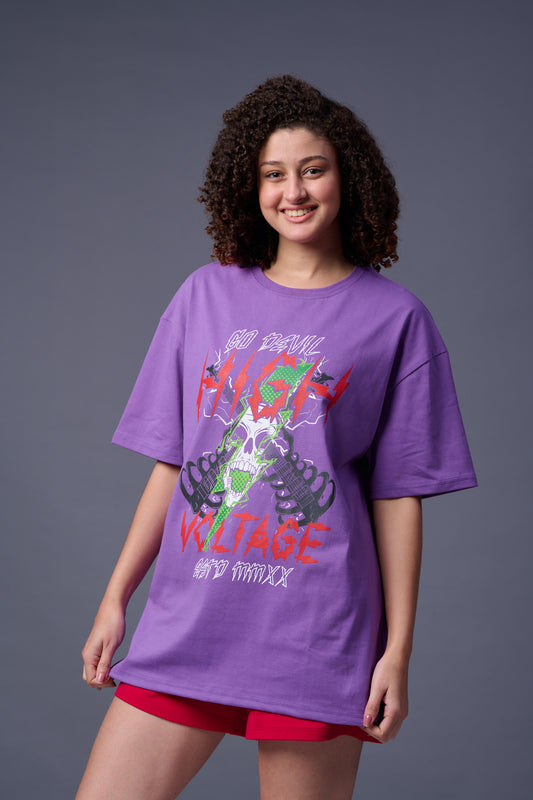 High Voltage Printed Purple Oversized T-Shirt for Women