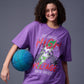 High Voltage Printed Purple Oversized T-Shirt for Women