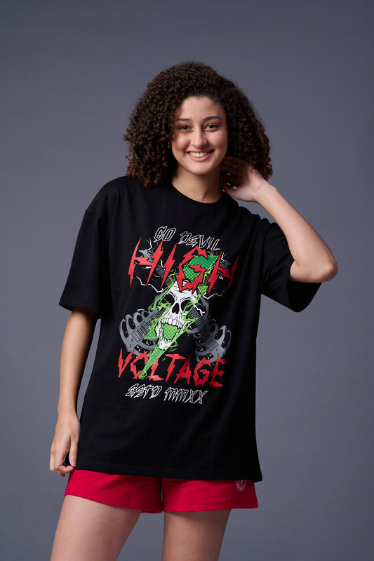 High Voltage Printed Black Oversized T-Shirt for Women