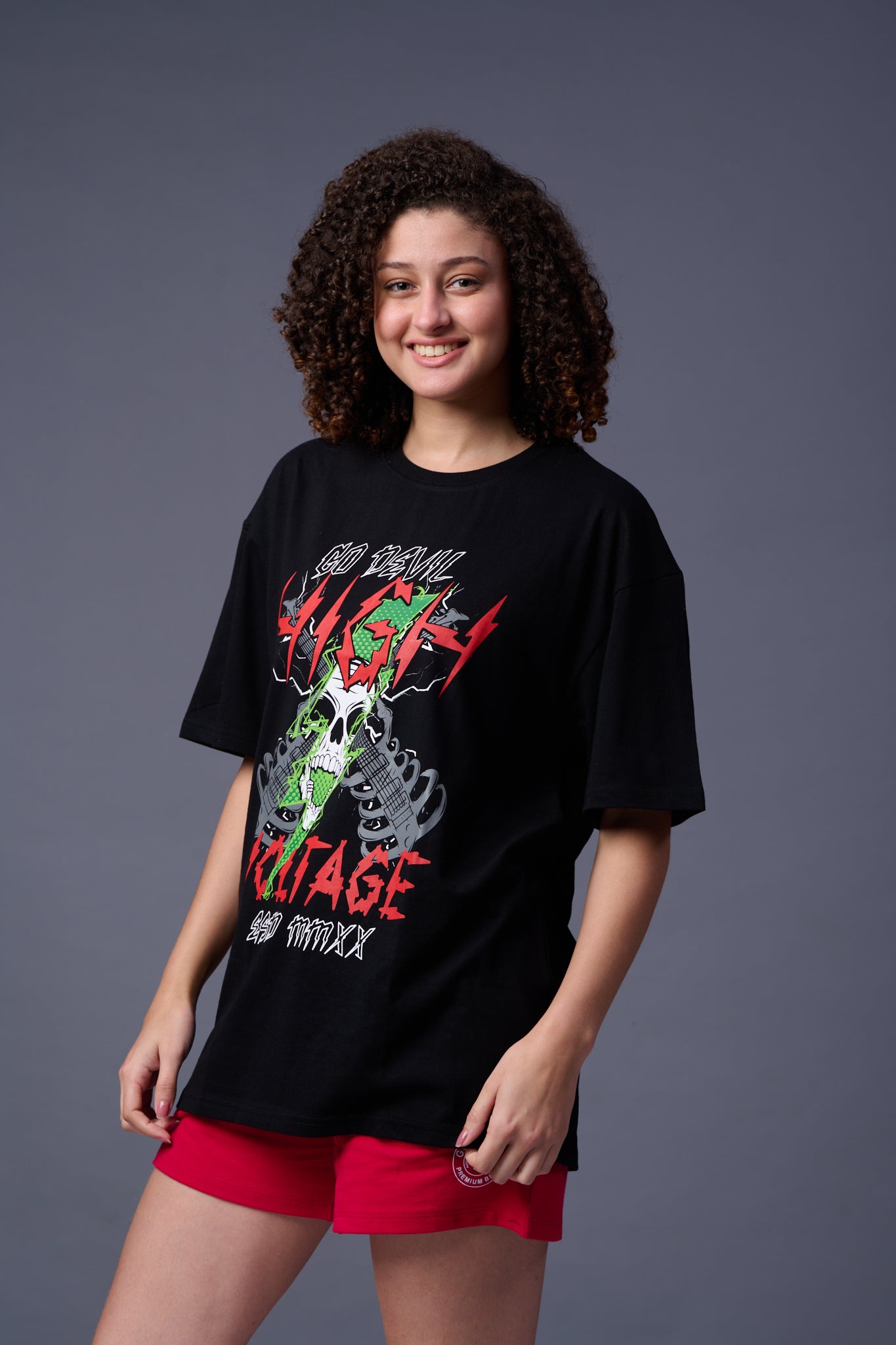 High Voltage Printed Black Oversized T-Shirt for Women