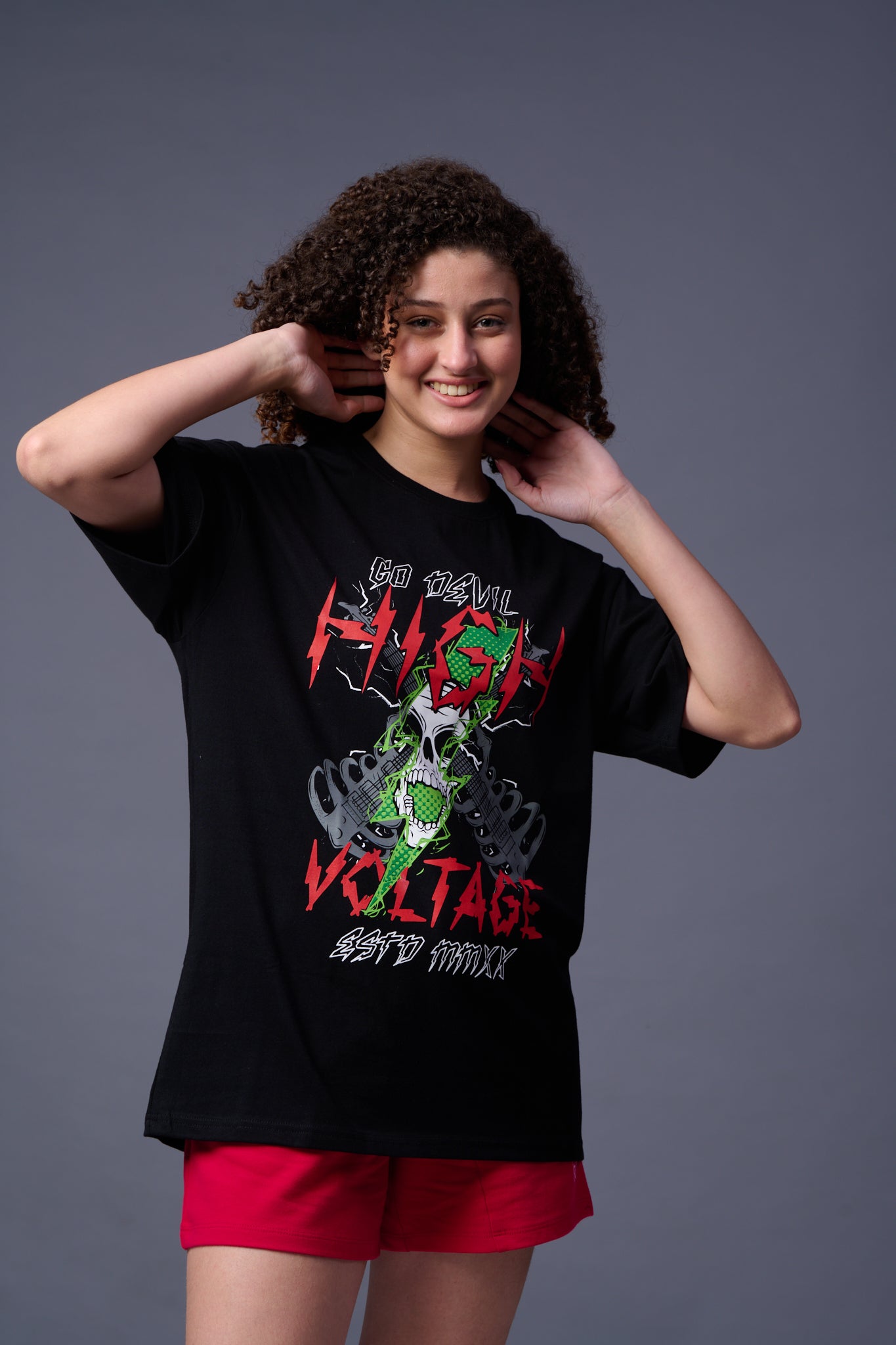High Voltage Printed Black Oversized T-Shirt for Women