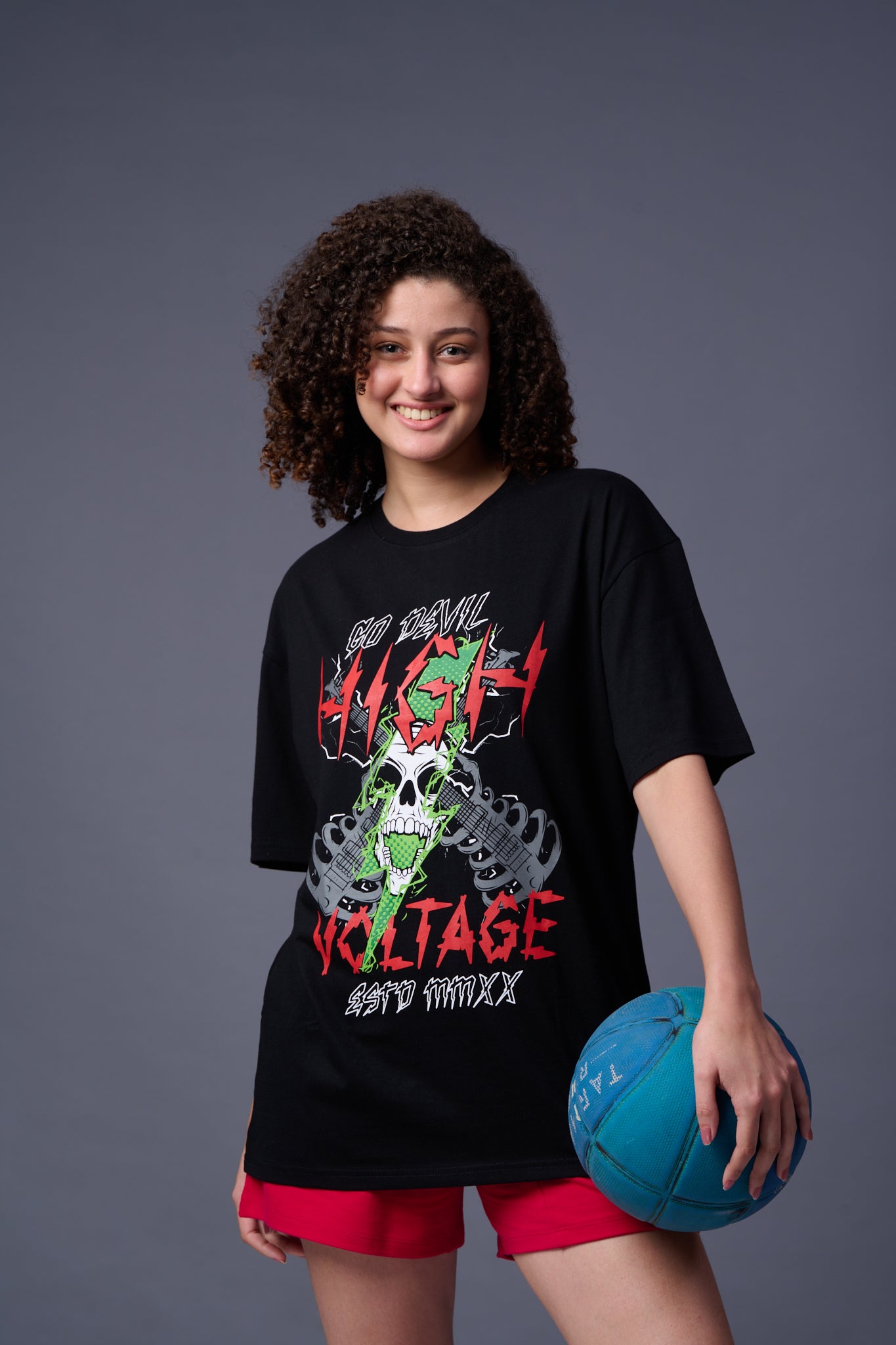 High Voltage Printed Black Oversized T-Shirt for Women