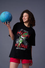 High Voltage Printed Black Oversized T-Shirt for Women