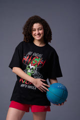 High Voltage Printed Black Oversized T-Shirt for Women