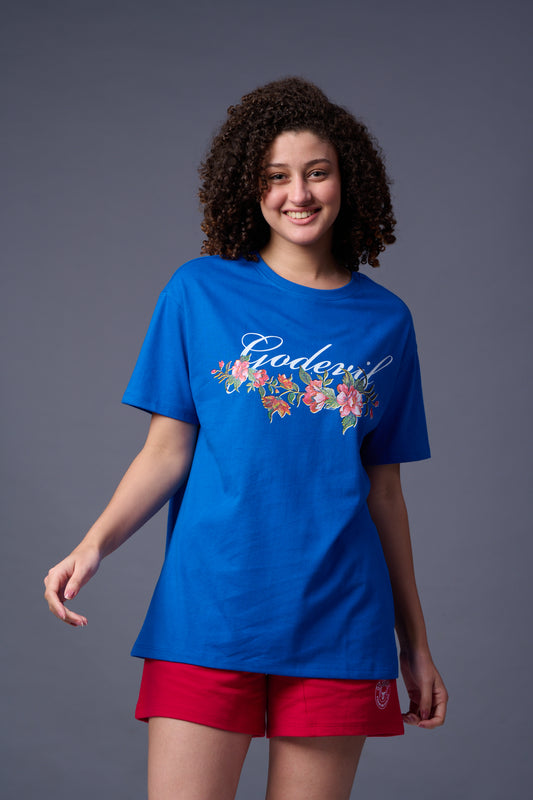Flower Printed Dark Blue Oversized T-Shirt for Women