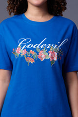 Flower Printed Dark Blue Oversized T-Shirt for Women