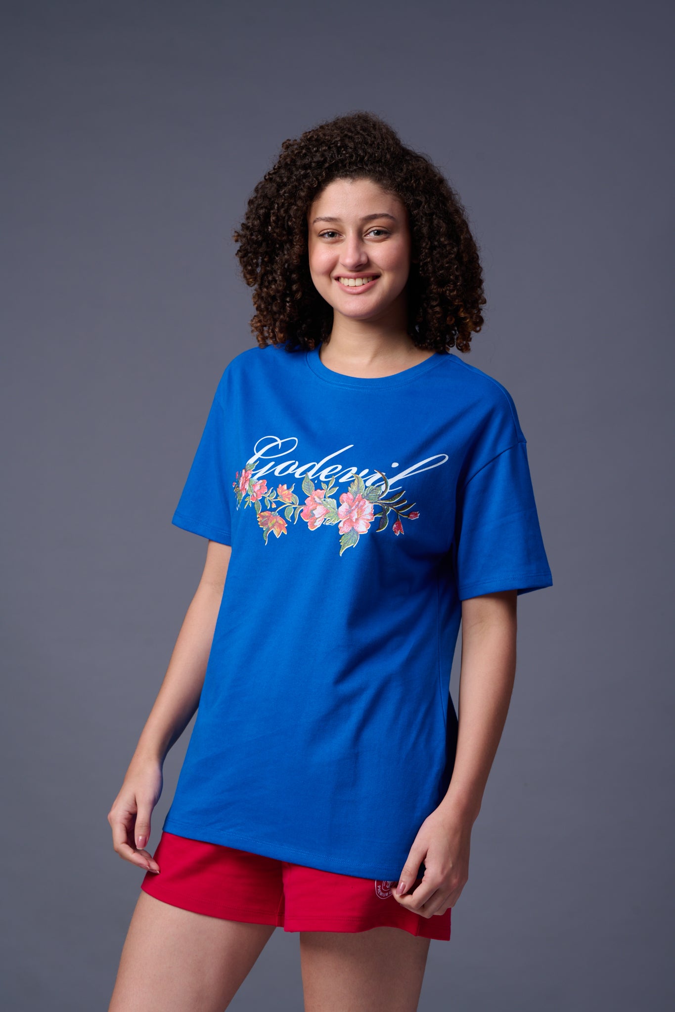 Flower Printed Dark Blue Oversized T-Shirt for Women