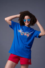 Flower Printed Dark Blue Oversized T-Shirt for Women