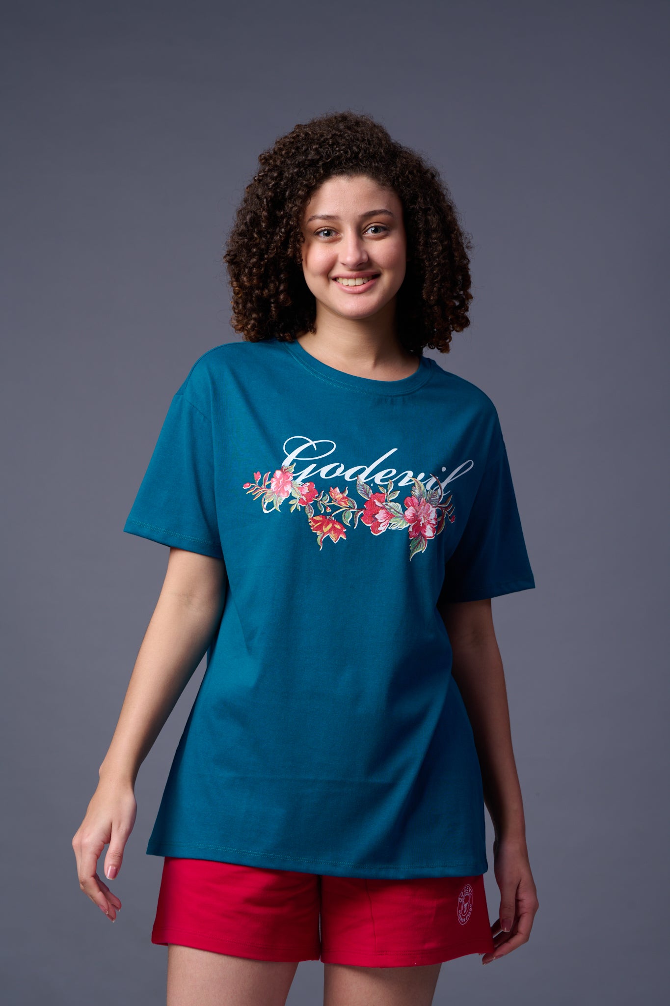 Go devil With Flower Printed Royal Blue Oversized T-Shirt for Women