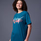 Go devil With Flower Printed Royal Blue Oversized T-Shirt for Women