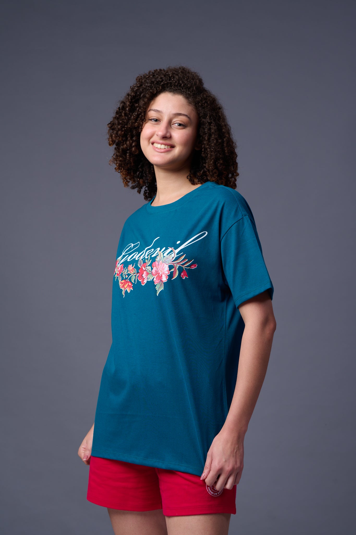 Go devil With Flower Printed Royal Blue Oversized T-Shirt for Women