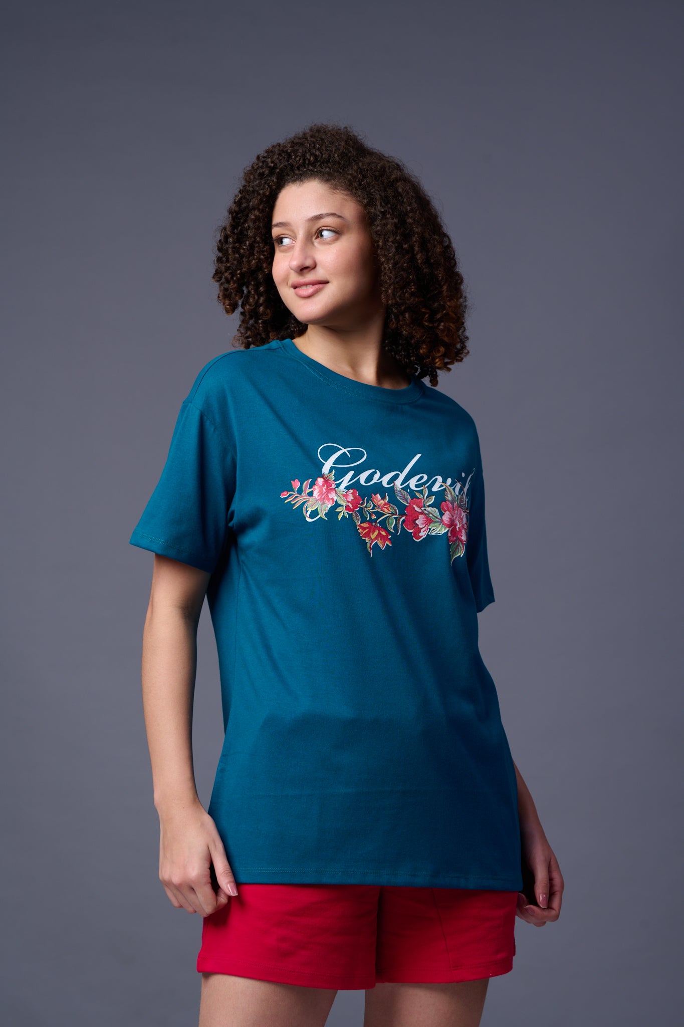 Go devil With Flower Printed Royal Blue Oversized T-Shirt for Women