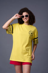 Go devil 66 Back Paisley Printed Lemon Yellow Oversized T-Shirt for Women
