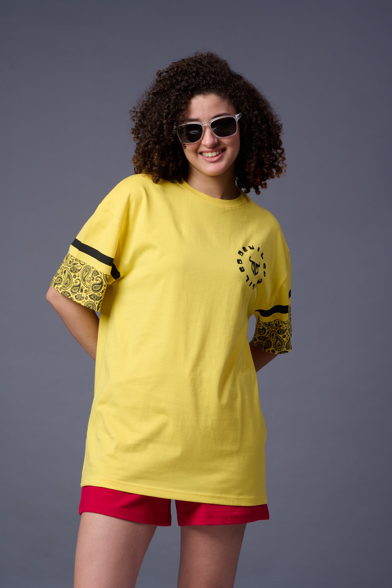 Go devil 66 Back Paisley Printed Lemon Yellow Oversized T-Shirt for Women