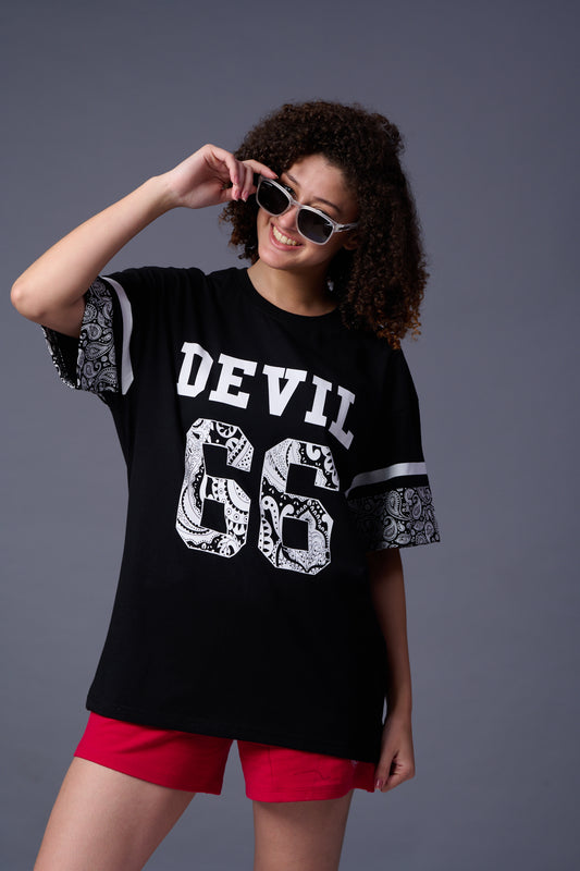 Go Devil 66 in White Printed Black Paisley Oversized T-Shirt for Women