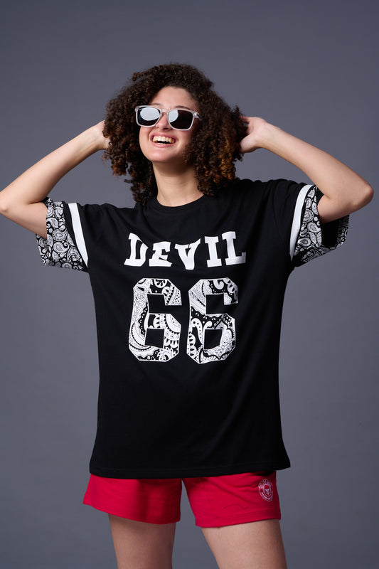 Go Devil 66 in White Printed Black Paisley Oversized T-Shirt for Women