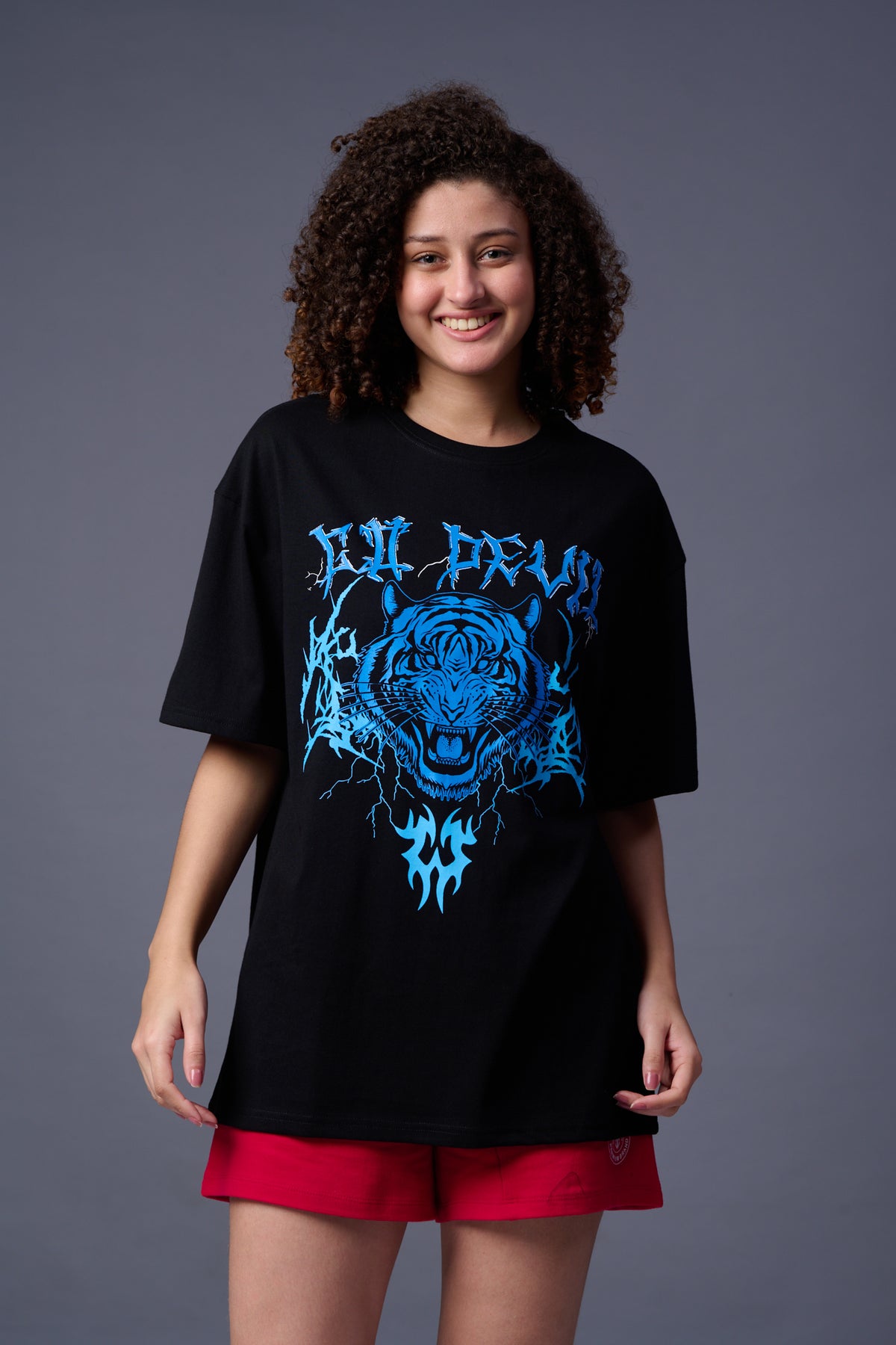 Tiger in Blue Printed Black   Oversized T-Shirt for Women