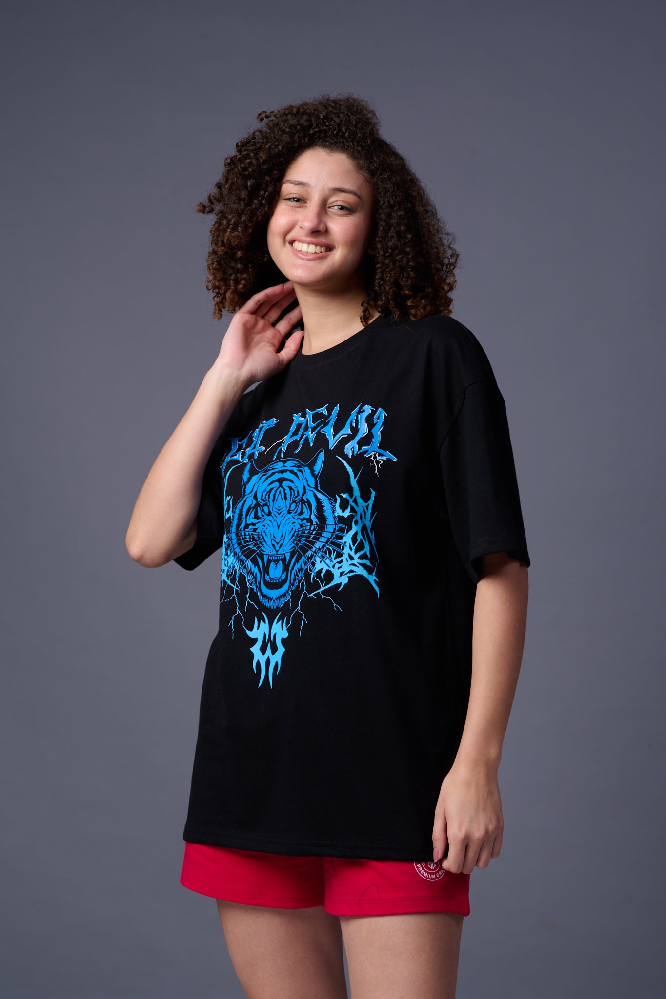 Tiger in Blue Printed Black   Oversized T-Shirt for Women