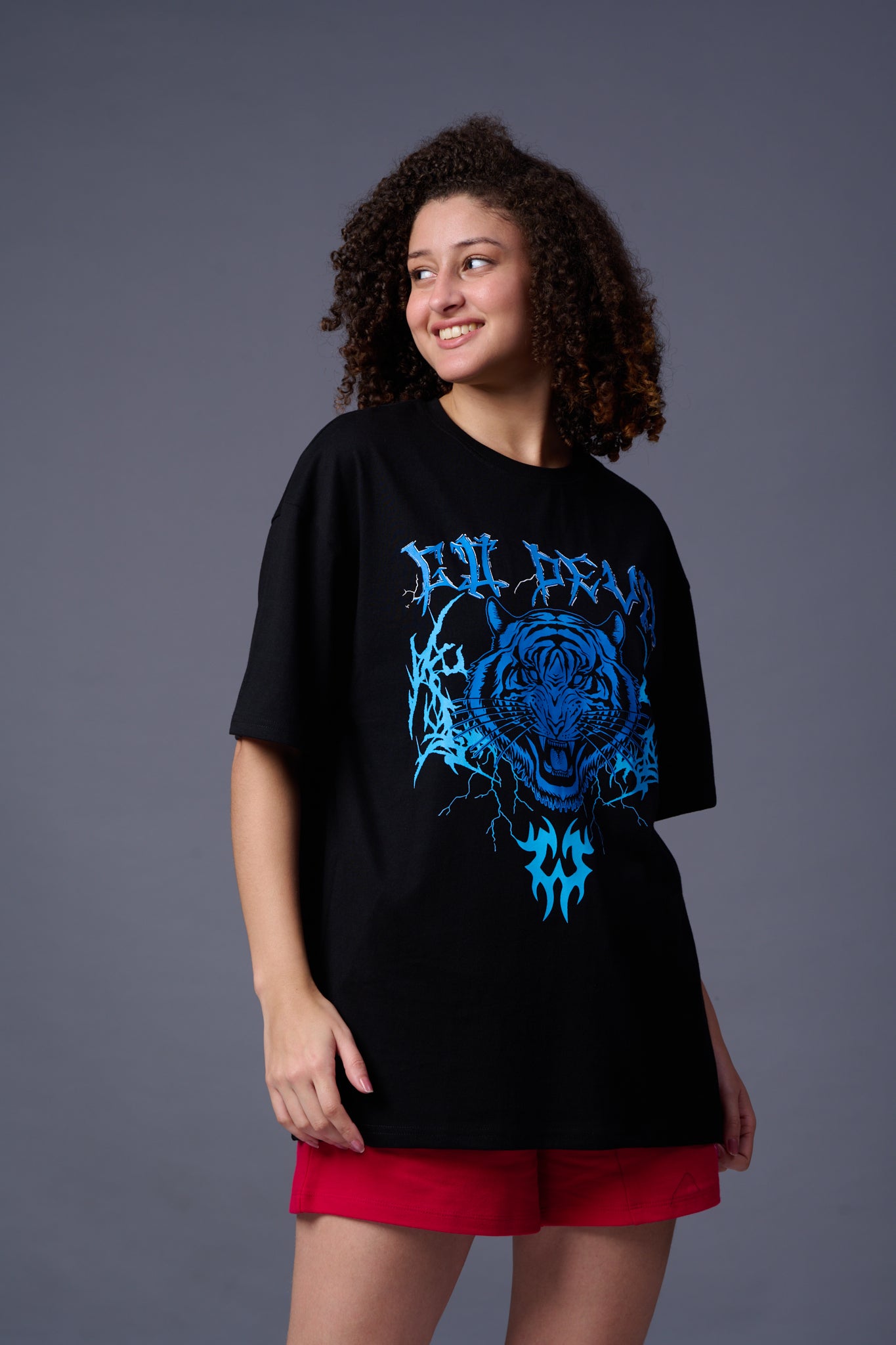 Tiger in Blue Printed Black   Oversized T-Shirt for Women
