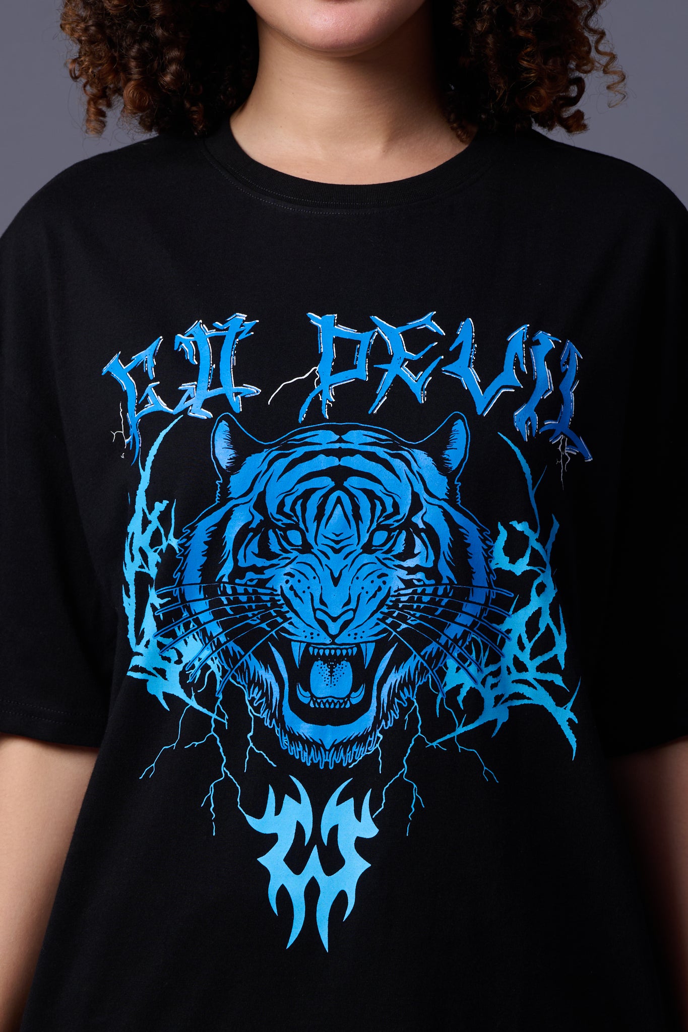 Tiger in Blue Printed Black   Oversized T-Shirt for Women