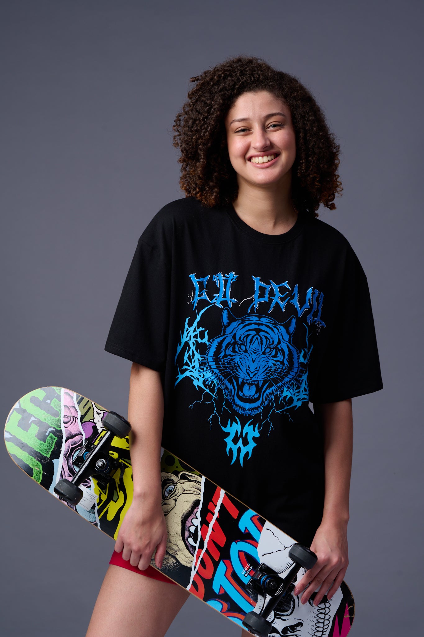 Tiger in Blue Printed Black   Oversized T-Shirt for Women