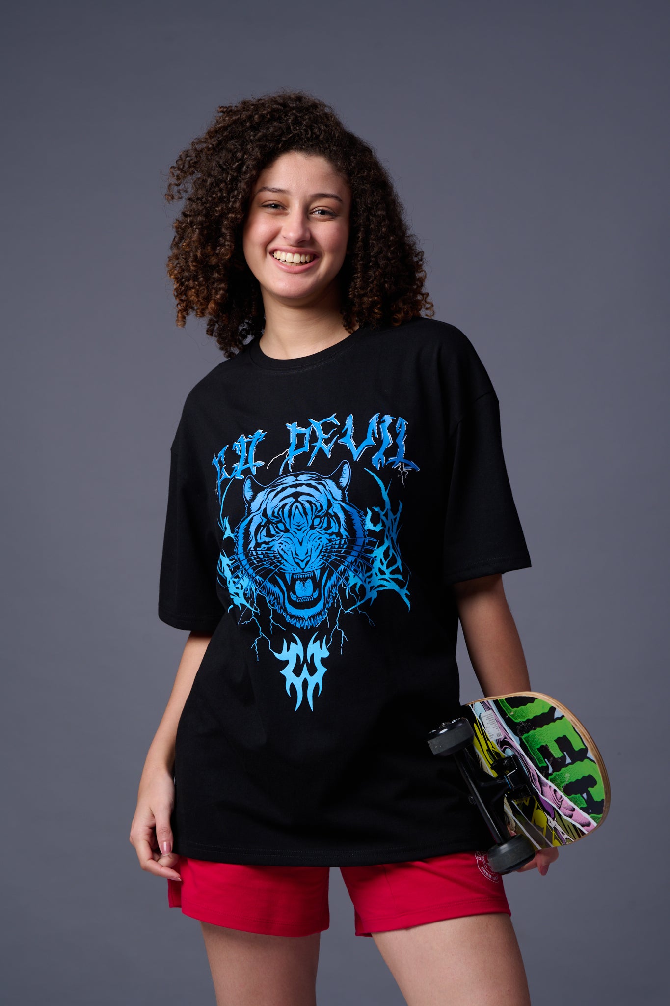 Tiger in Blue Printed Black   Oversized T-Shirt for Women