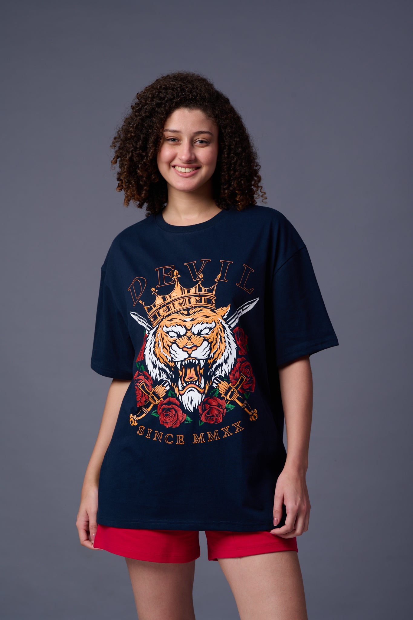 King Tiger Printed Navy Blue Oversized T-Shirt for Women