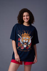 King Tiger Printed Navy Blue Oversized T-Shirt for Women