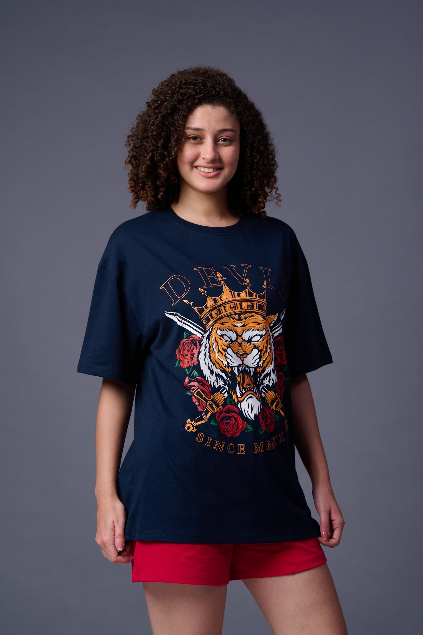 King Tiger Printed Navy Blue Oversized T-Shirt for Women