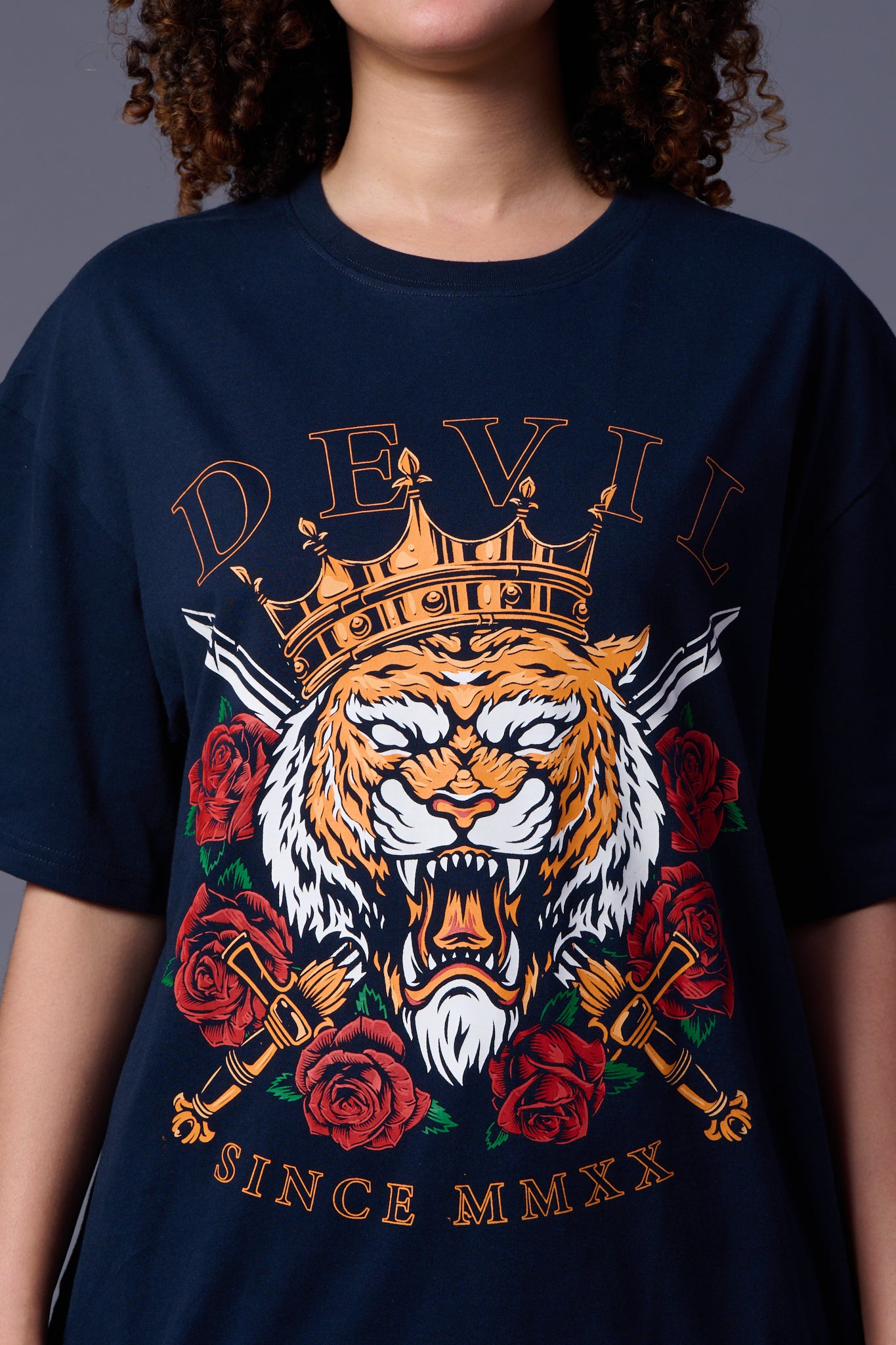 King Tiger Printed Navy Blue Oversized T-Shirt for Women